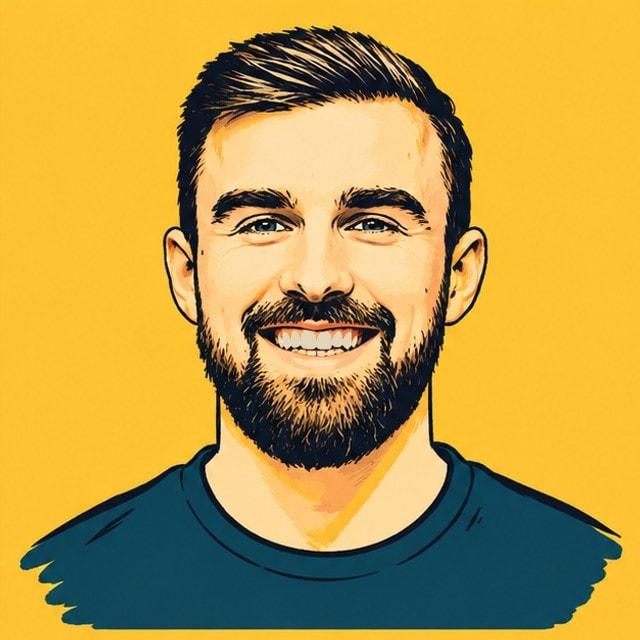 A drawn portrait of Jamie, smiling